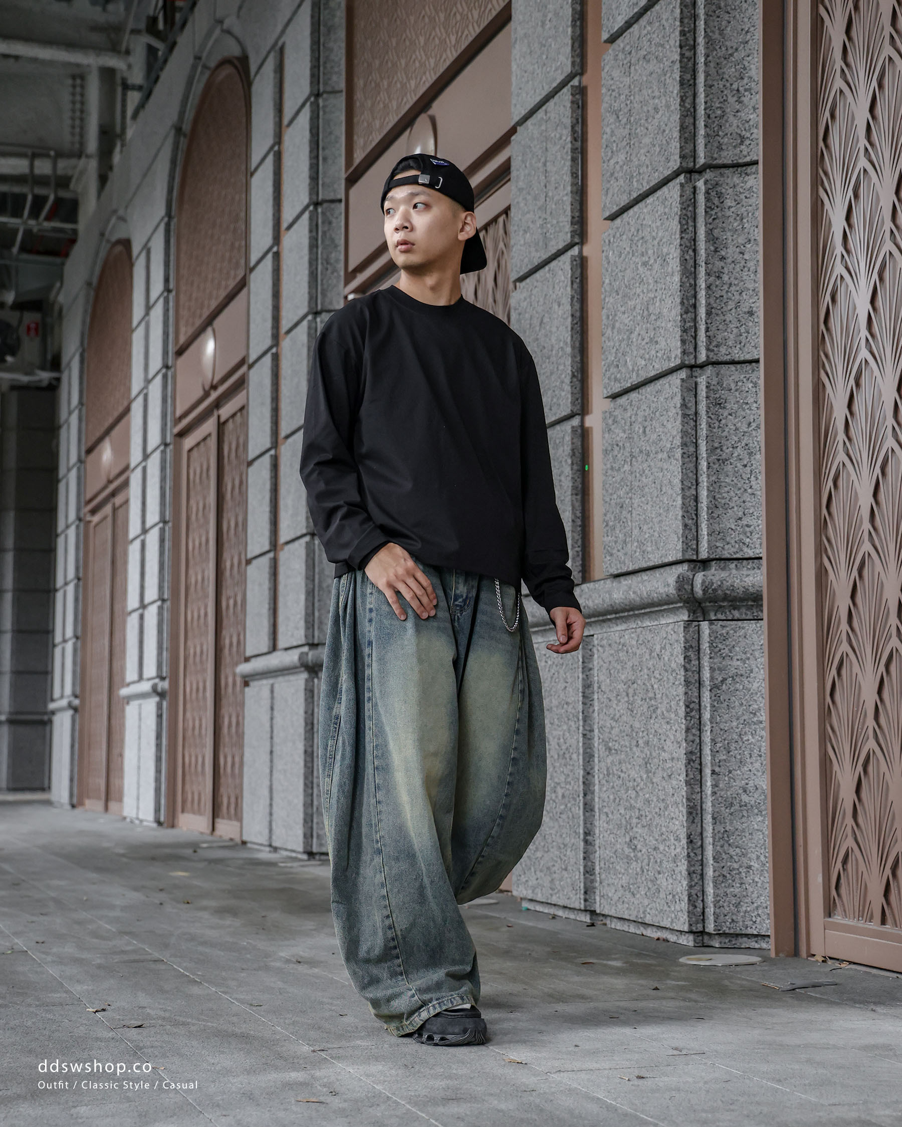 D.CLOSET 側邊 打摺 做舊 硫化 寬版 牛仔褲