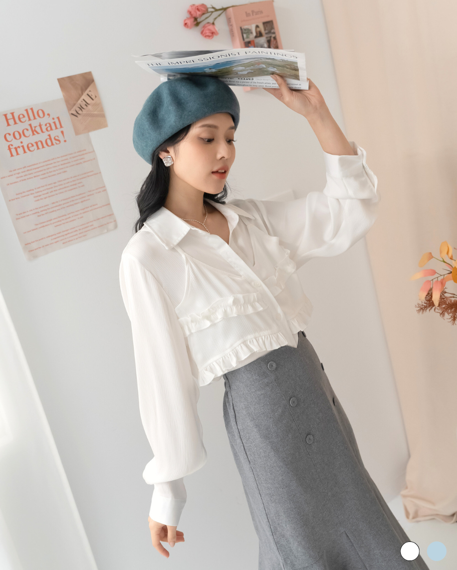 氣質假兩件光澤荷葉抓皺襯衫