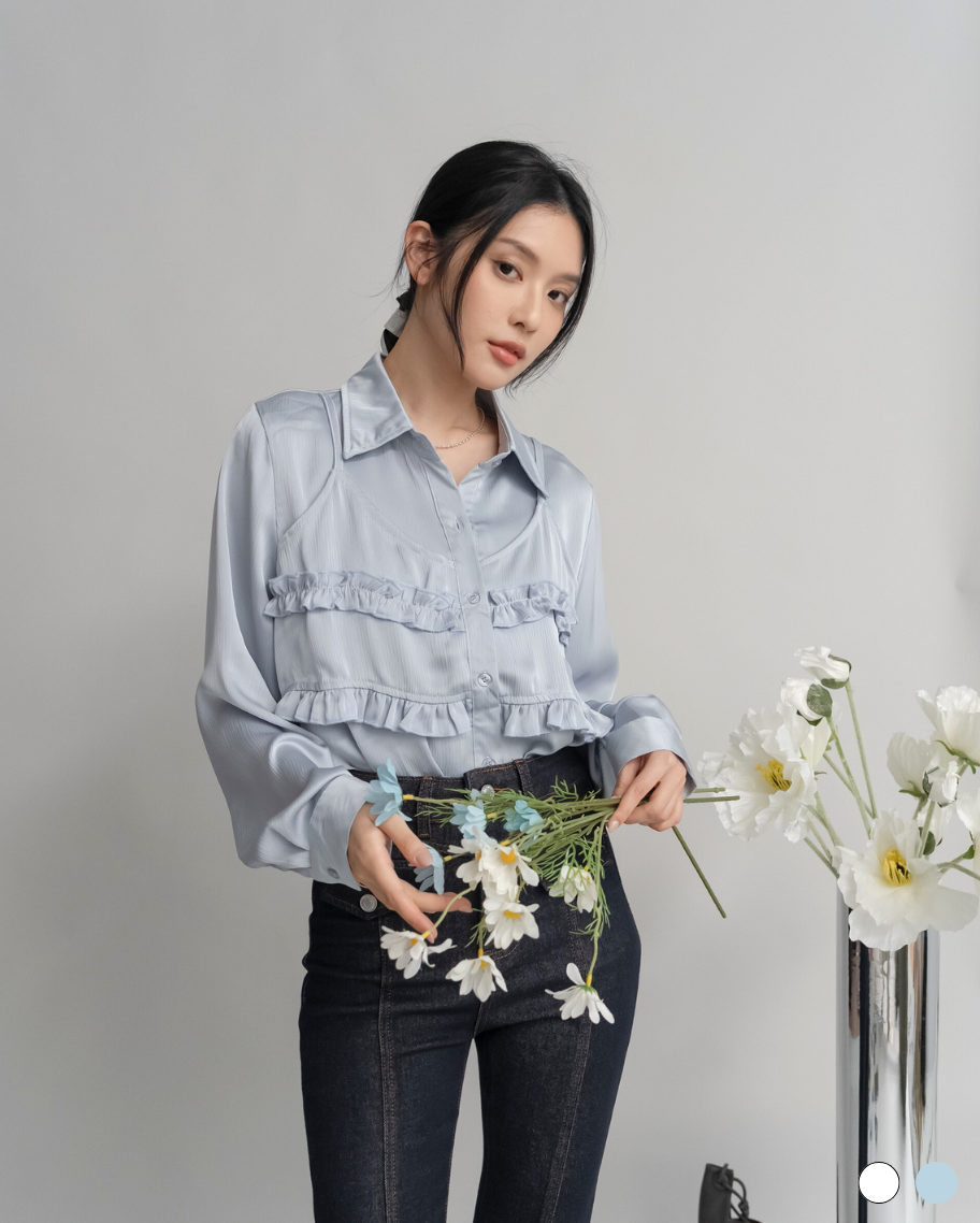 氣質假兩件光澤荷葉抓皺襯衫