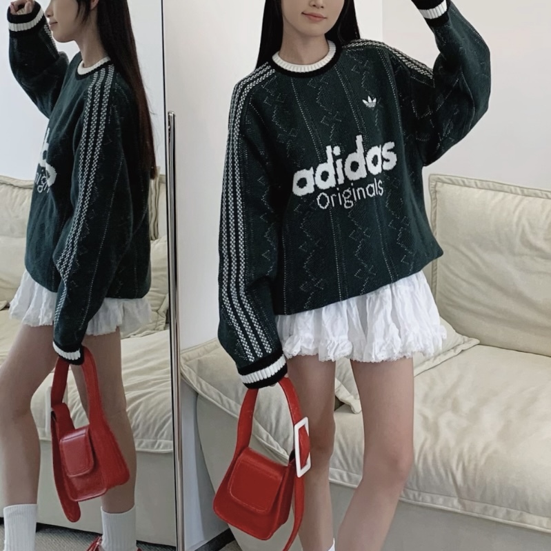 ADIDAS ORIGINALS  墨綠色 刺繡毛衣 條紋針織 字母LOGO 男女同款 KS5957