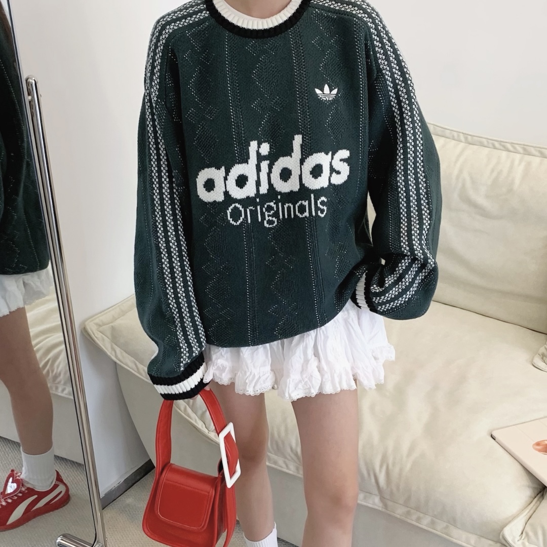 ADIDAS ORIGINALS  墨綠色 刺繡毛衣 條紋針織 字母LOGO 男女同款 KS5957