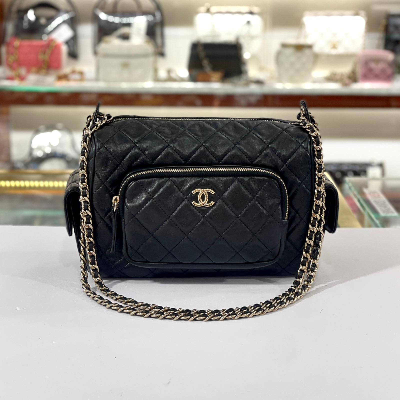 全新CHANEL保齡球袋 AS5156 黑色羊皮菱格紋,晶片款 #相機包#兩年免費保養 #BRAND NEW #香榭站正品