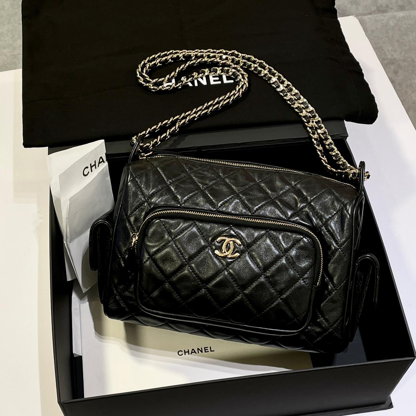 全新CHANEL保齡球袋 AS5156 黑色羊皮菱格紋,晶片款 #相機包#兩年免費保養 #BRAND NEW #香榭站正品