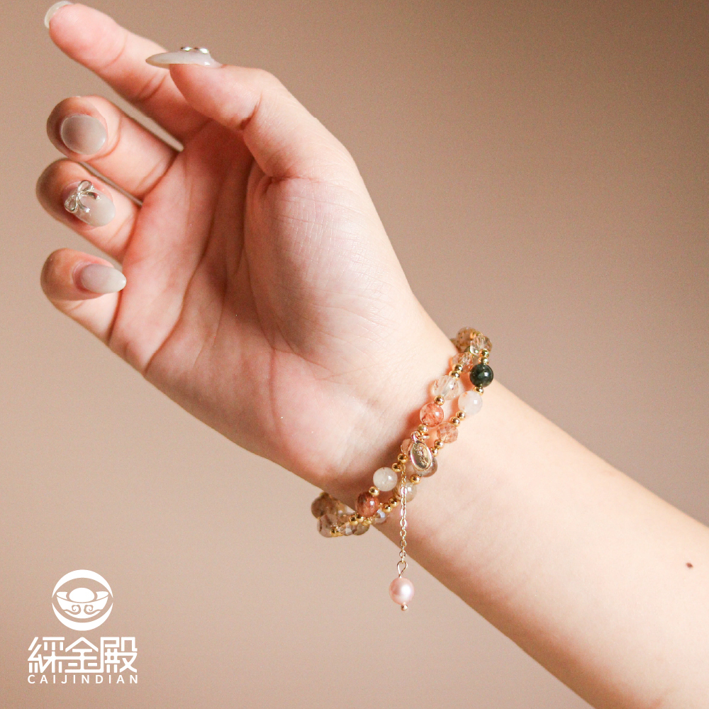 好孕緣雙圈手鍊-金色款｜求子助孕｜萬事如意｜吊墜｜手珠｜層次｜彩髮晶｜簡約【綵金殿】