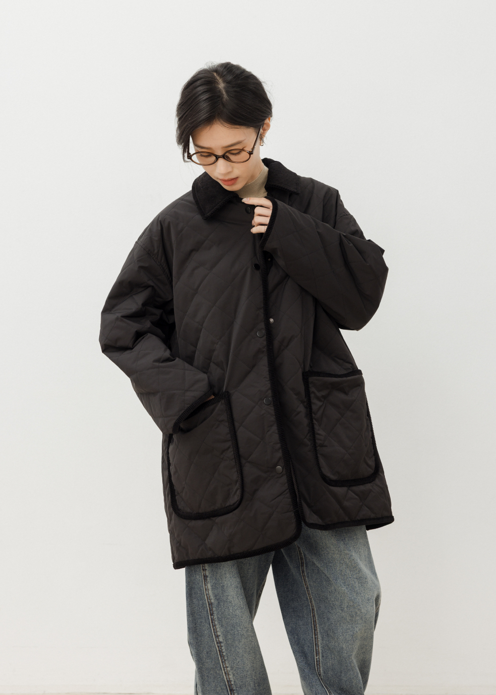 復古菱格燈芯絨立領鋪棉外套