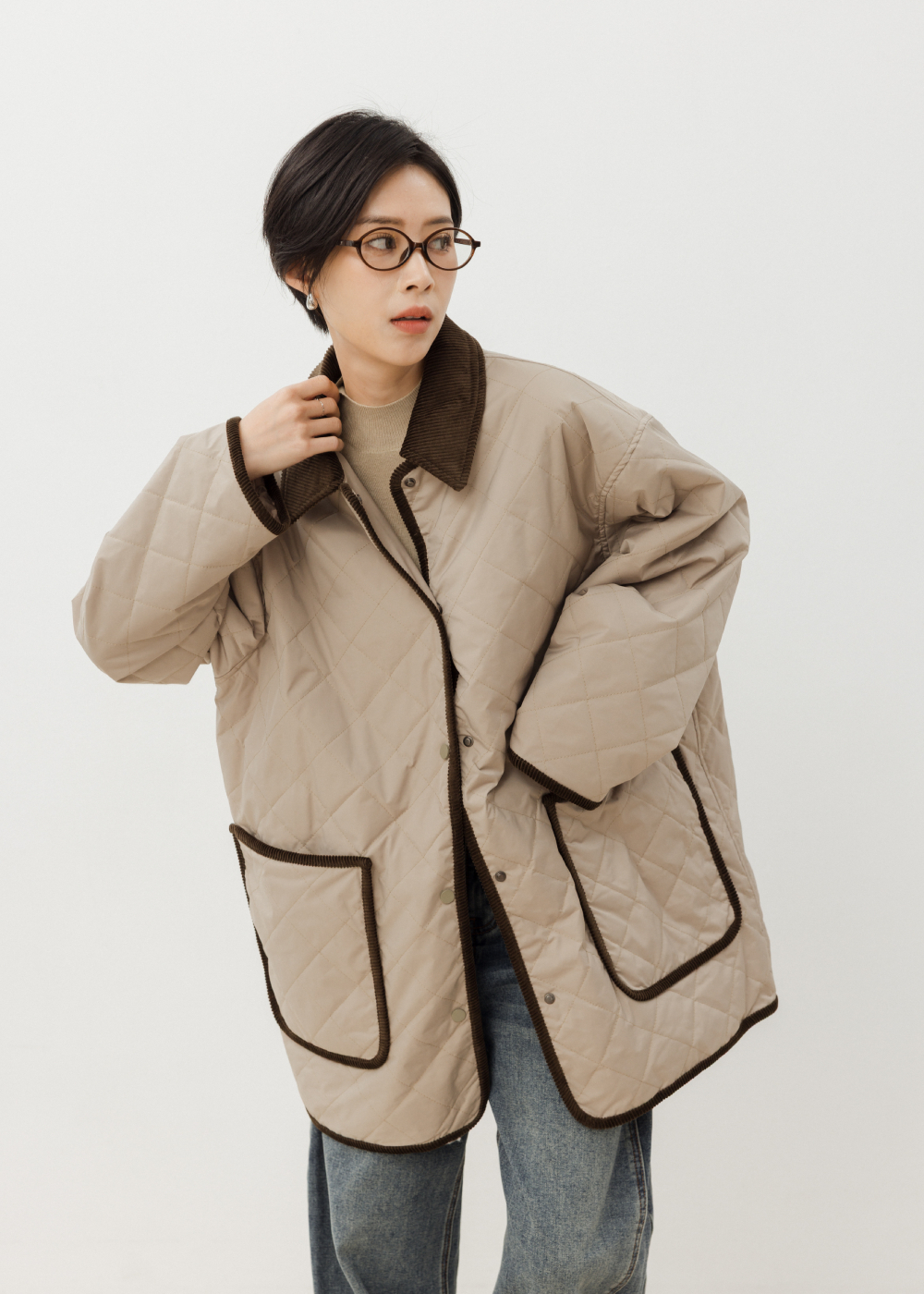 復古菱格燈芯絨立領鋪棉外套