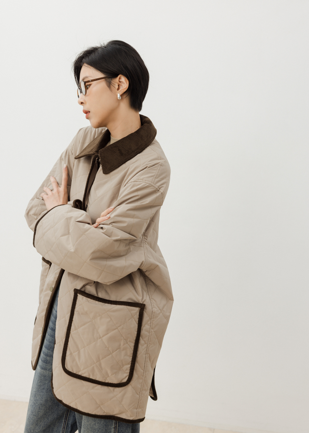 復古菱格燈芯絨立領鋪棉外套