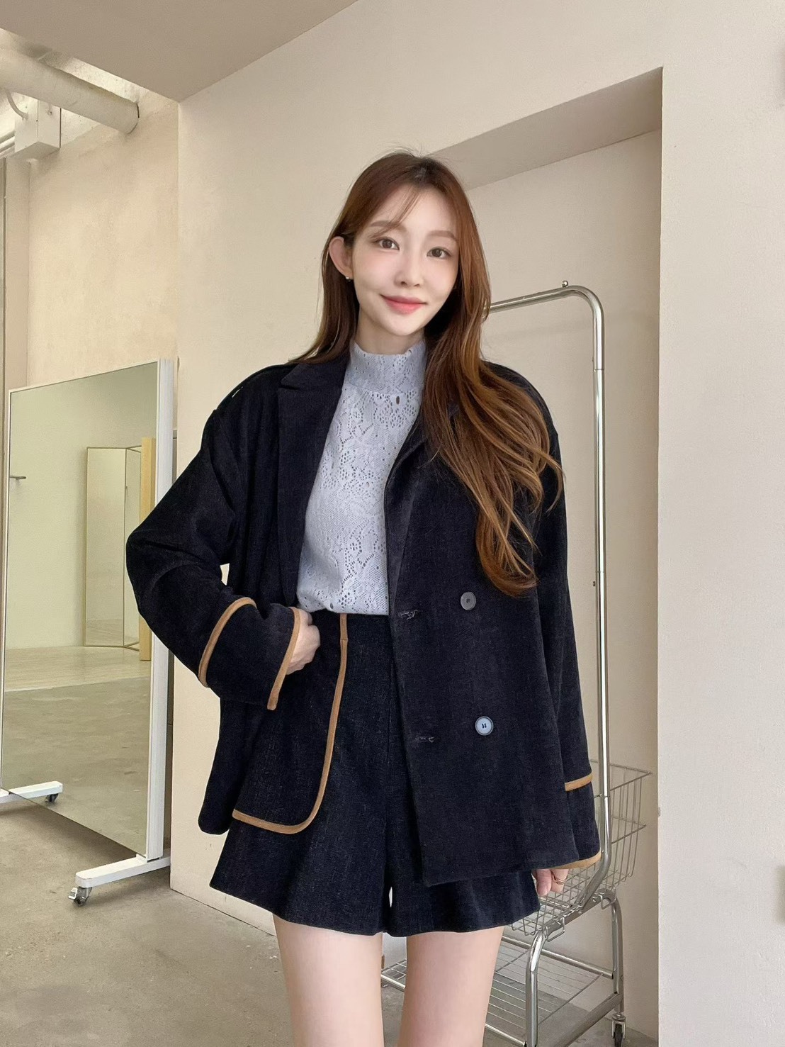 燈芯絨滾邊西裝外套  短褲(分售)