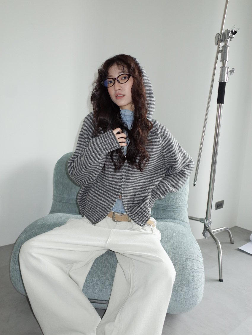 dual-zip stripe chunky knit hooded jacket