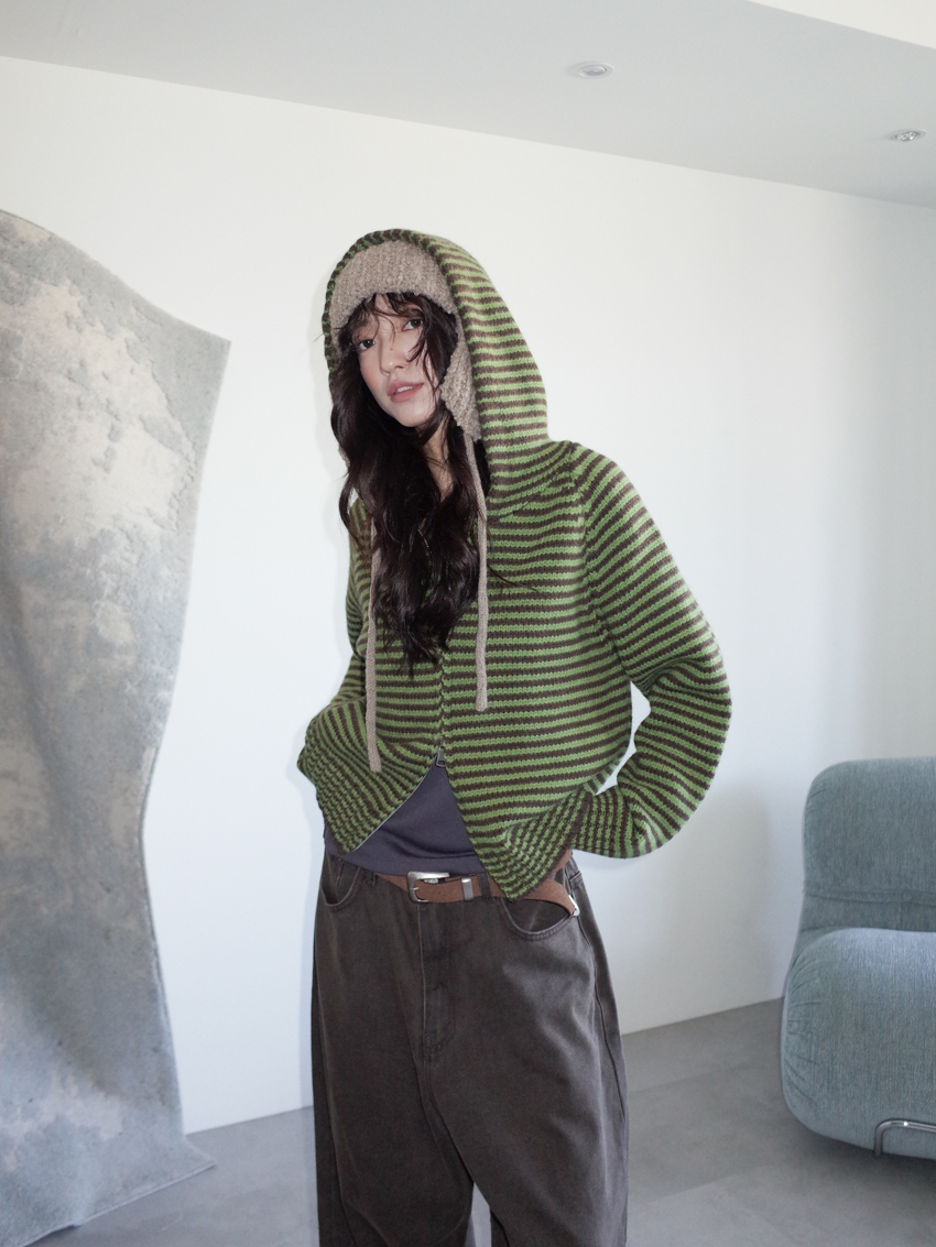 dual-zip stripe chunky knit hooded jacket