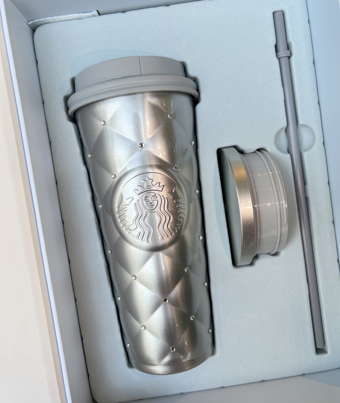 代購-Starbucks星巴克 雪耀奇境 菱格紋鑽面 雙蓋 不鏽鋼保溫杯 銀色 525ml/590ml