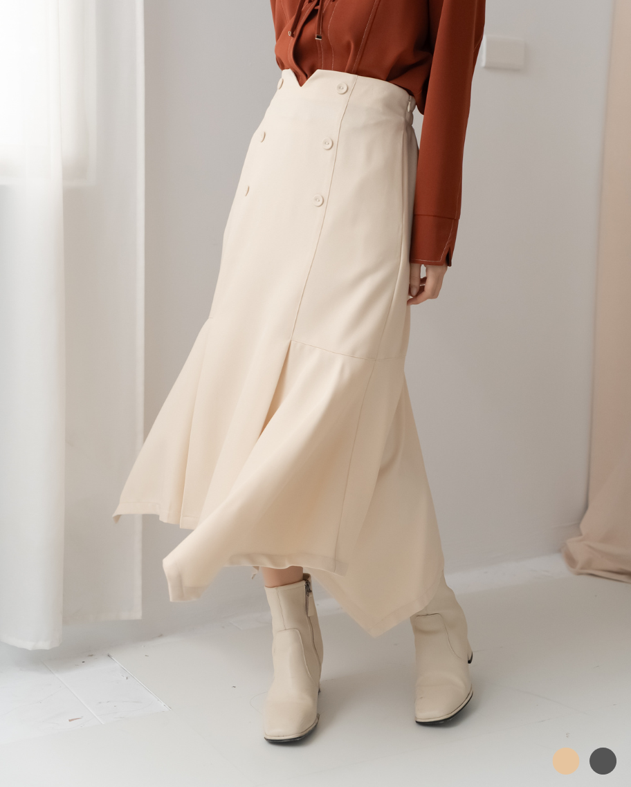 優雅層次感V腰排釦魚尾裙