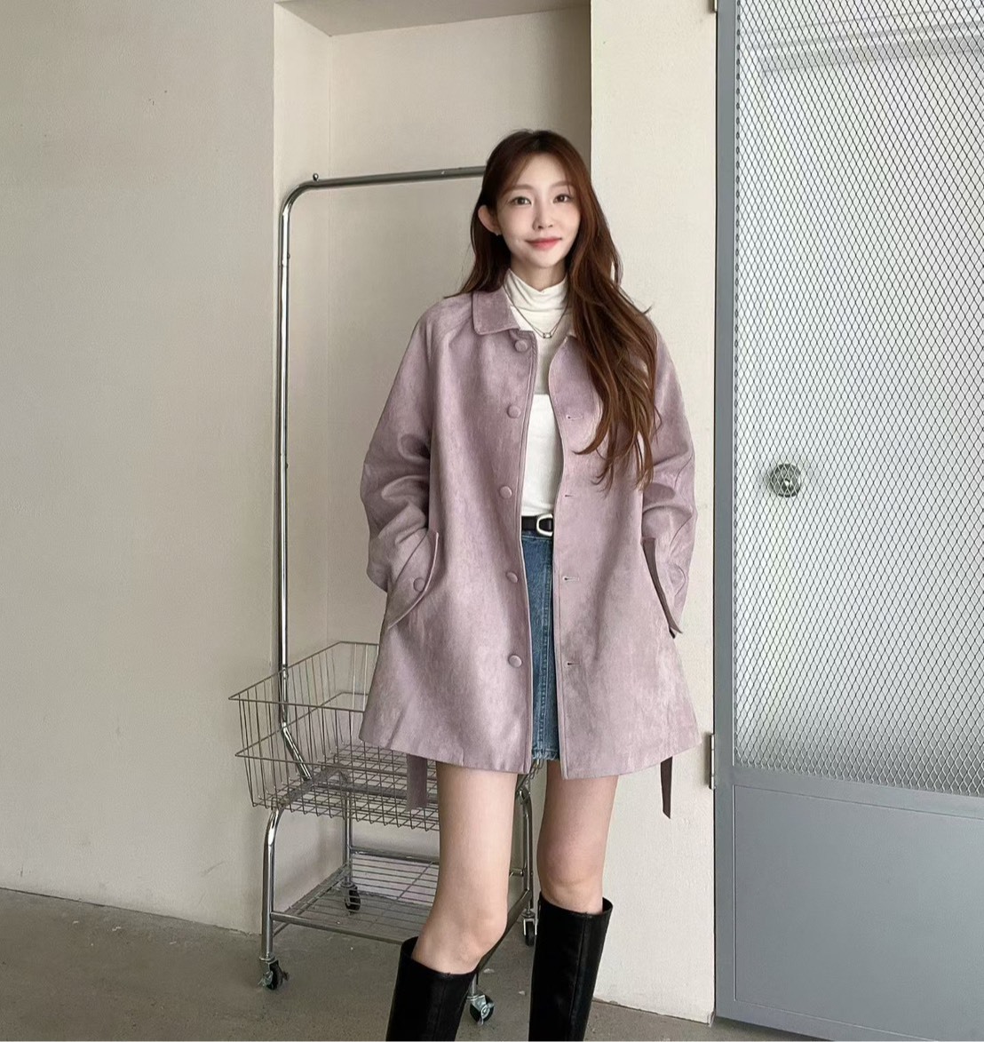 麂皮絨面綁帶翻領外套