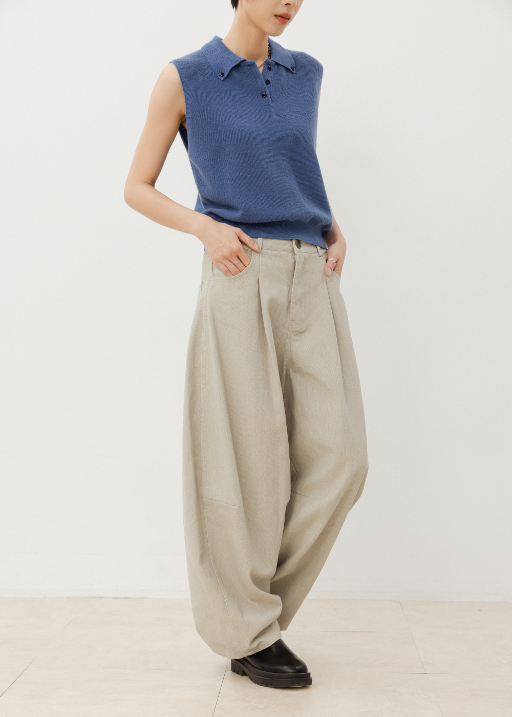 前打摺高腰闊腿休閒褲