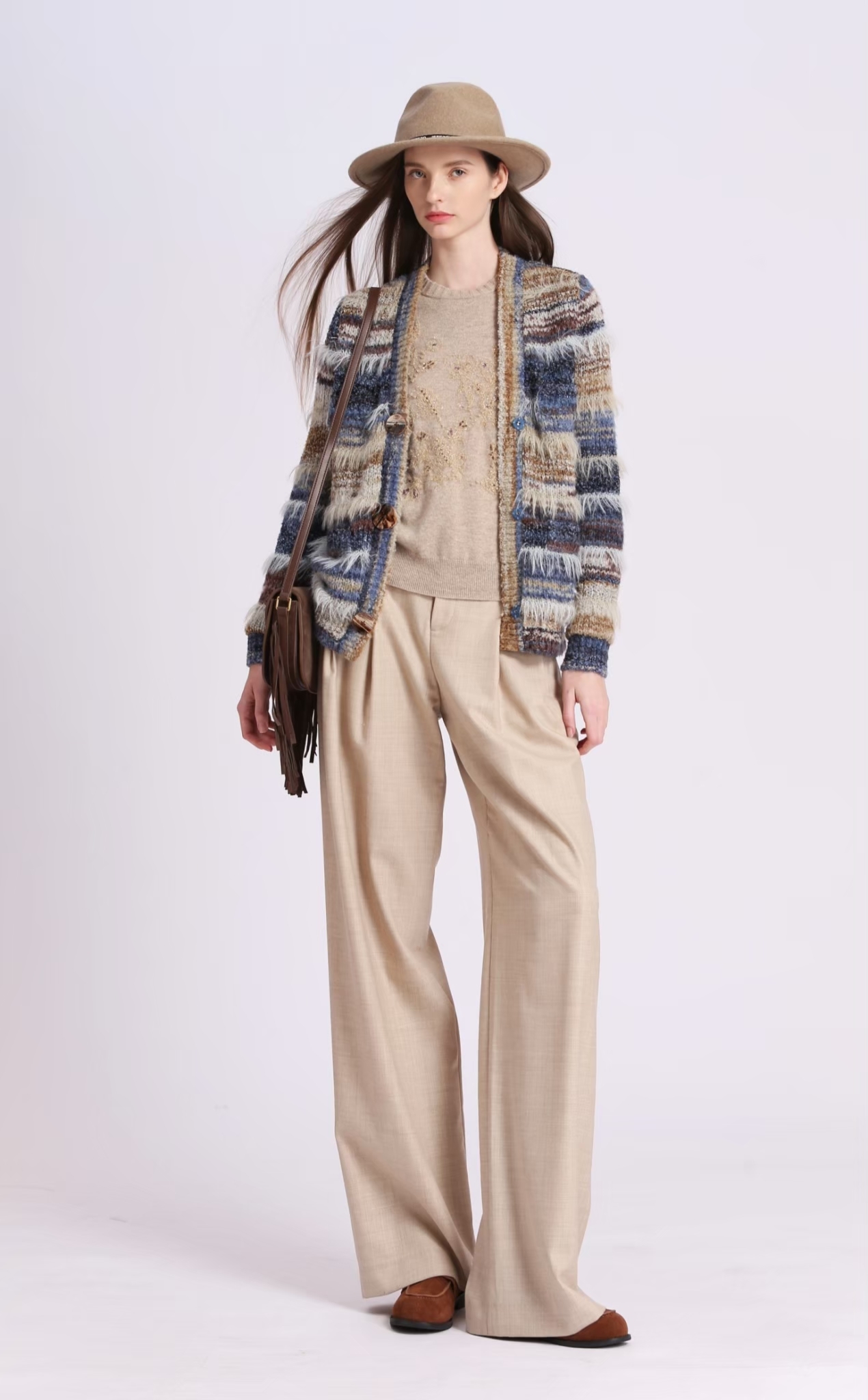 BD15215D1 皮草流蘇條紋卡迪根毛衣外套