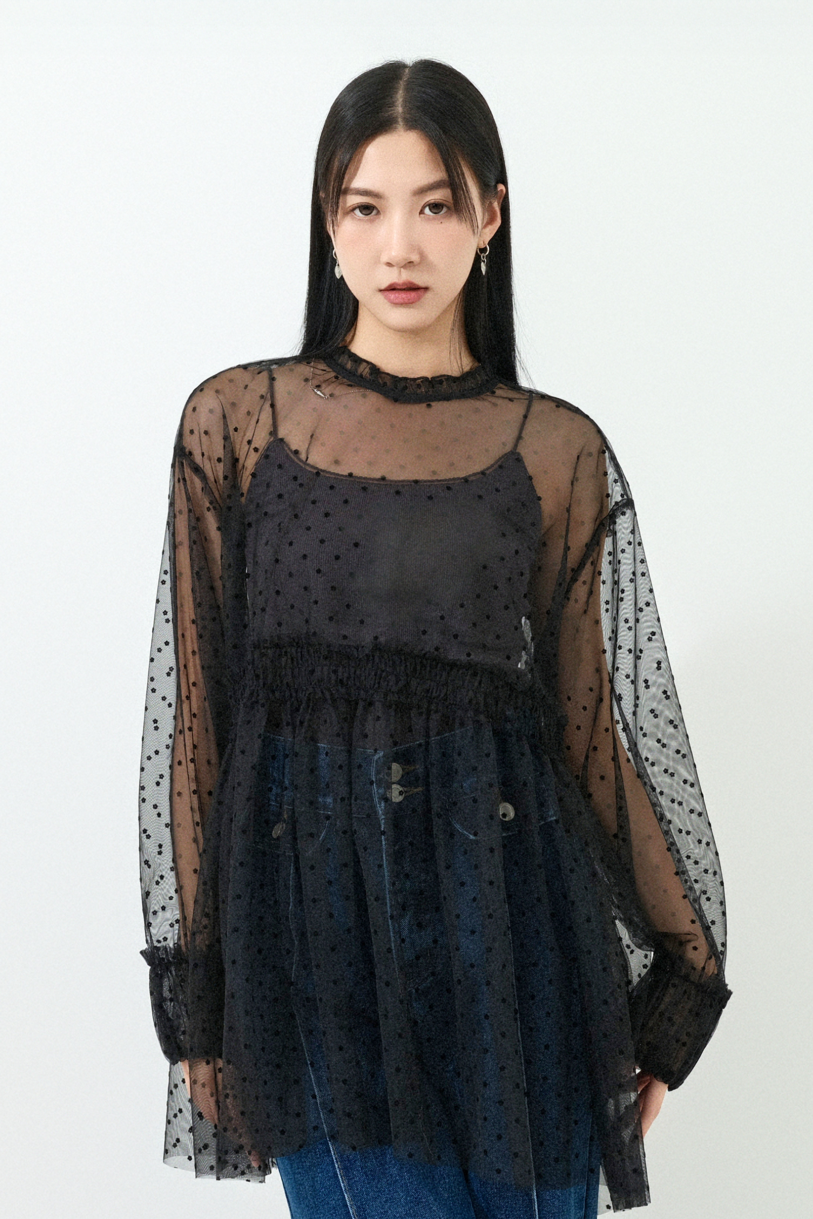 絲絨小花點網紗娃娃上衣 (預購產品）