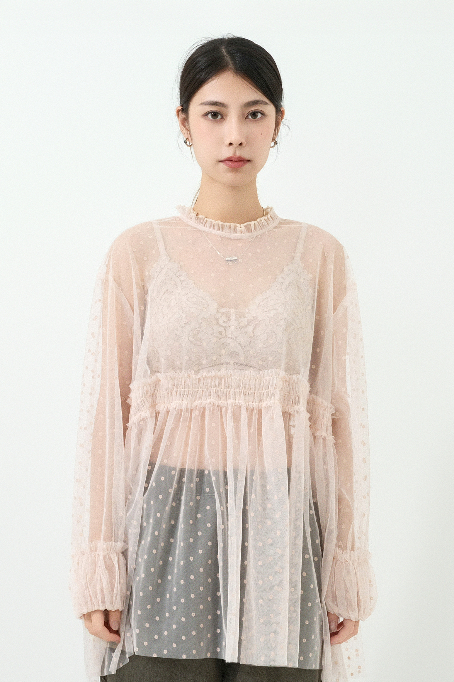 絲絨小花點網紗娃娃上衣 (預購產品）