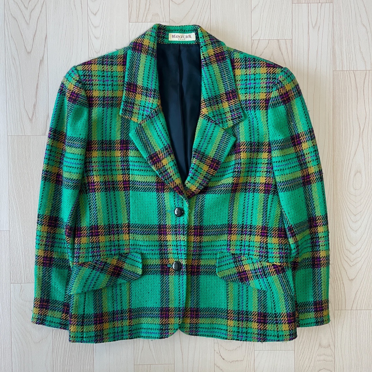 翠綠色古著格紋羊毛外套