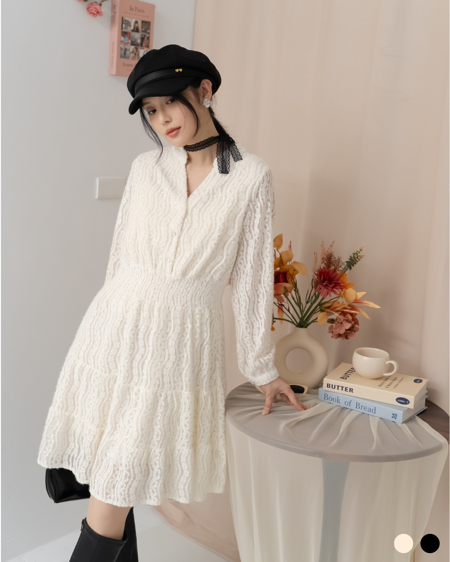 法式V領浪漫波浪織紋洋裝