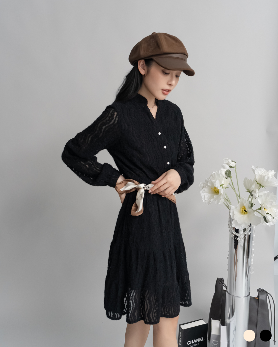 法式V領浪漫波浪織紋洋裝