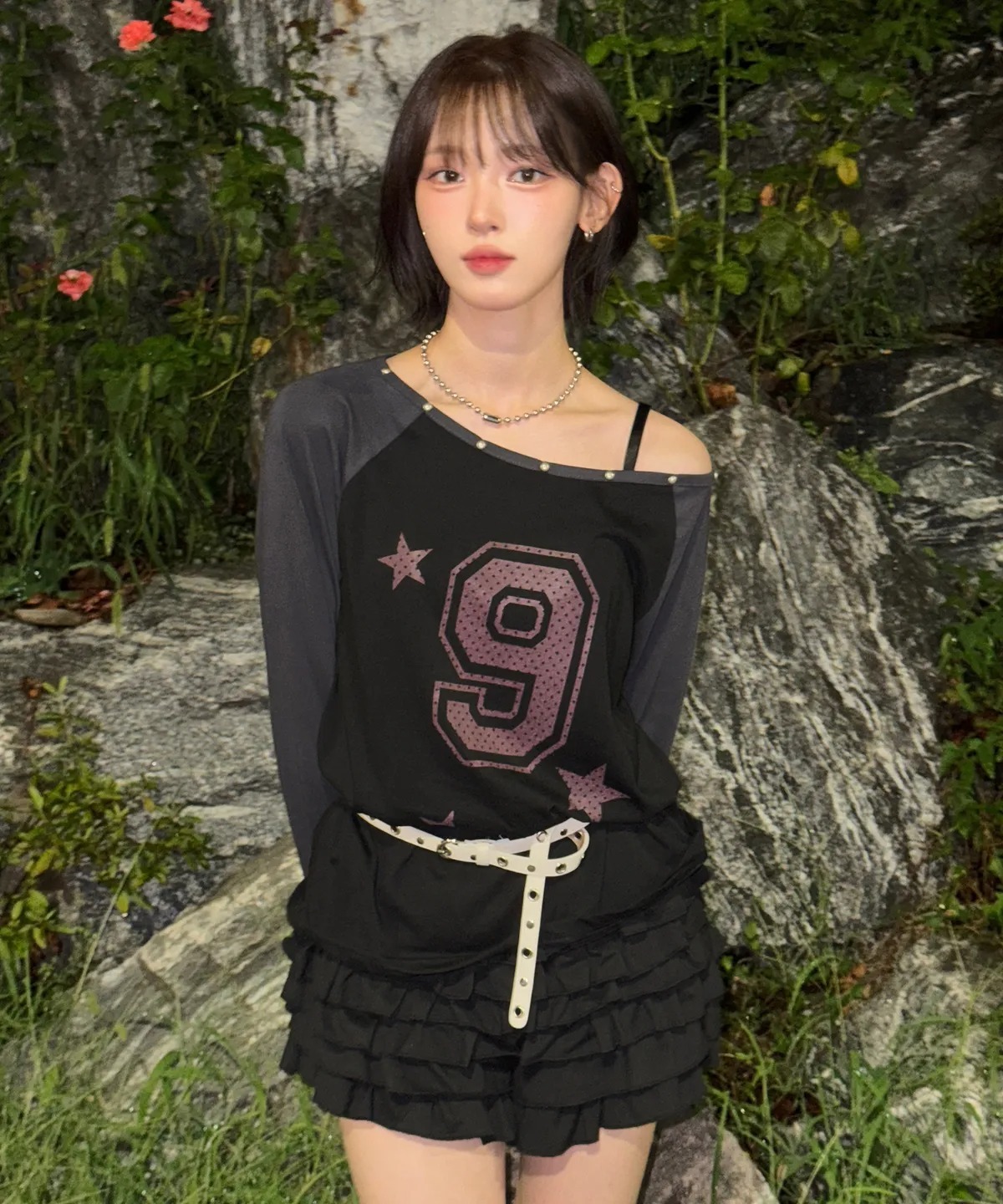 CHICKS Nine Star Stud One Shoulder Coloring Long Sleeve