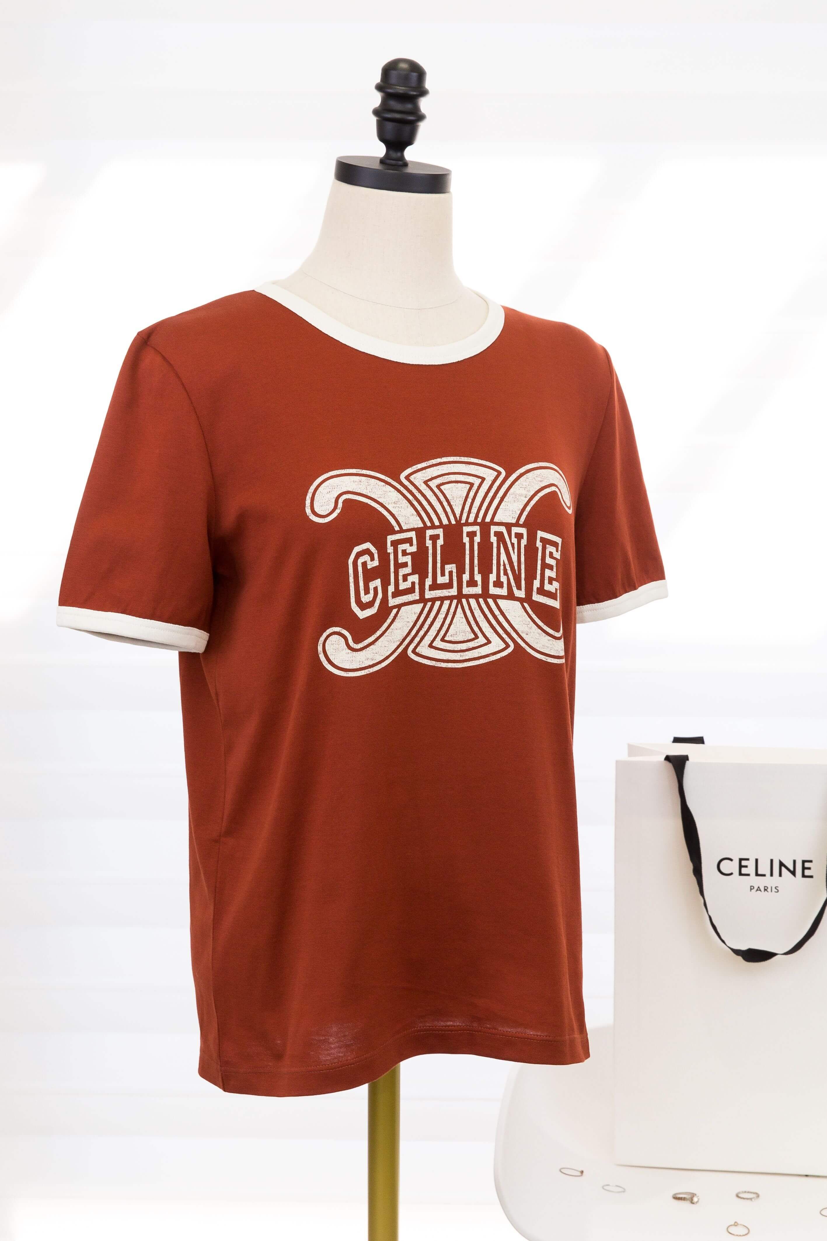 Celine 70's T-shirt In Cotton Jersey 干邑色奶油白滾邊凱旋門字母 Logo 印花短袖棉T-Charline Boutique 精品代購