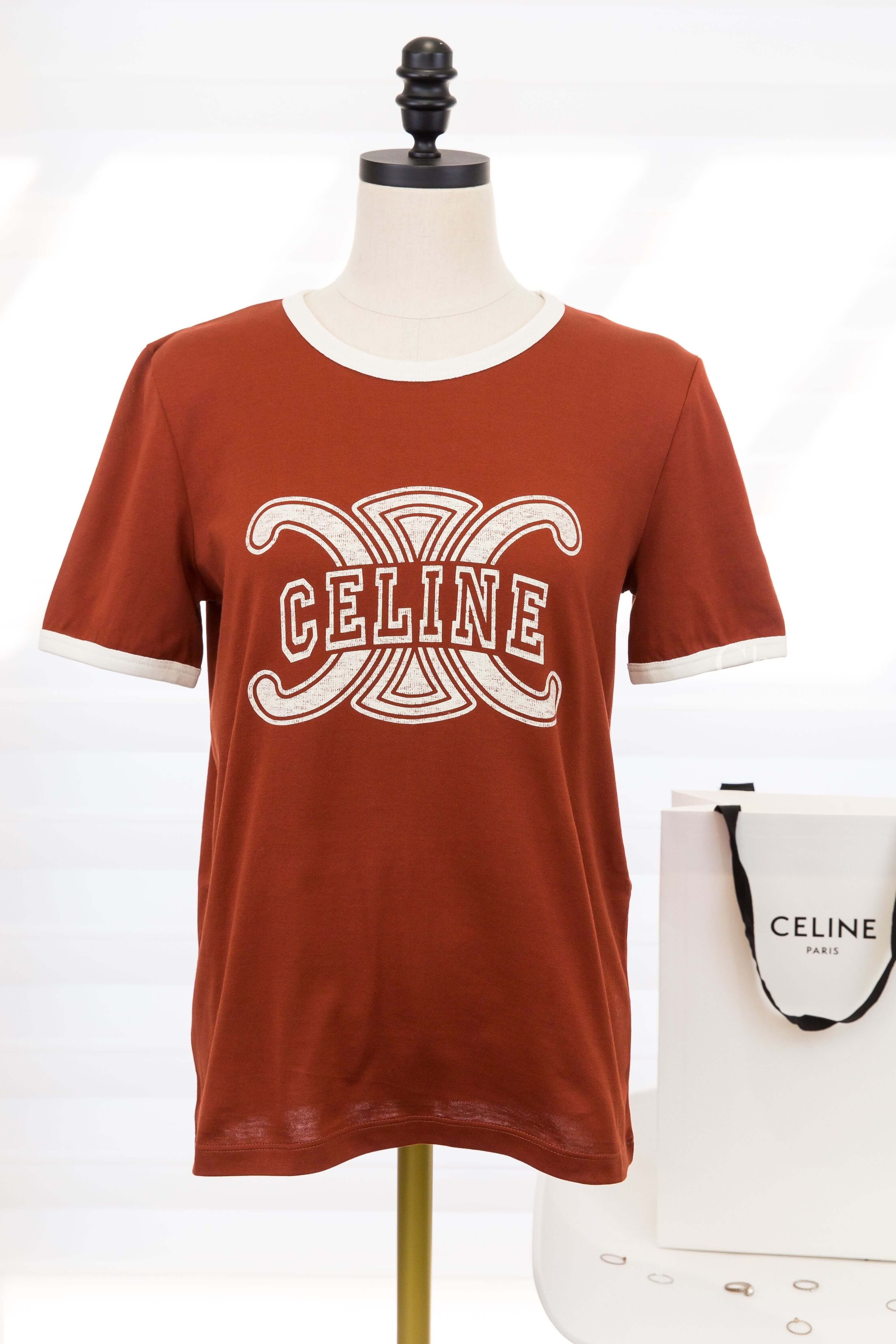 Celine 70's T-shirt In Cotton Jersey 干邑色奶油白滾邊凱旋門字母 Logo 印花短袖棉T