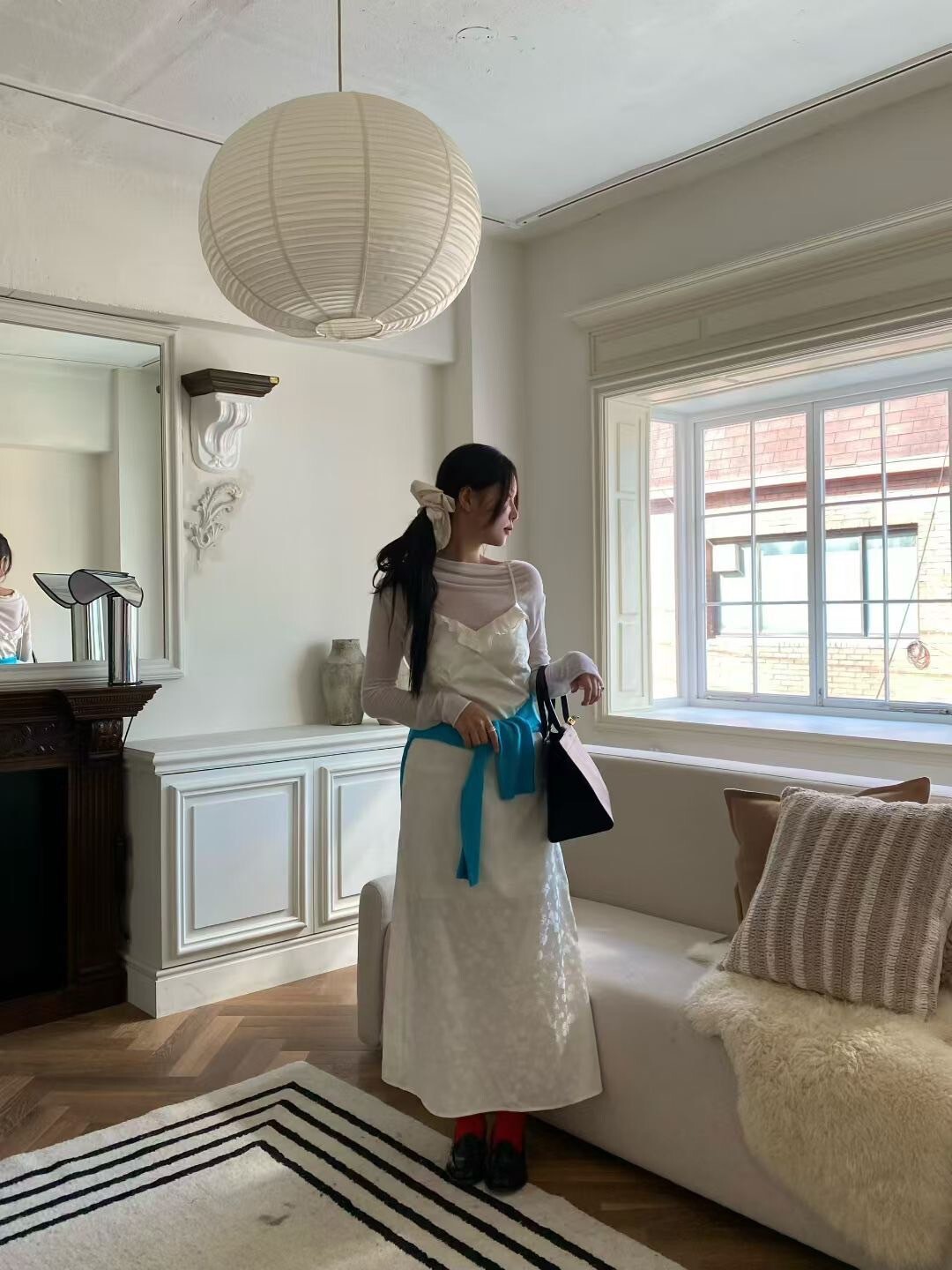 光澤感花朵壓印細肩帶荷葉滾邊長洋裝 / 2色