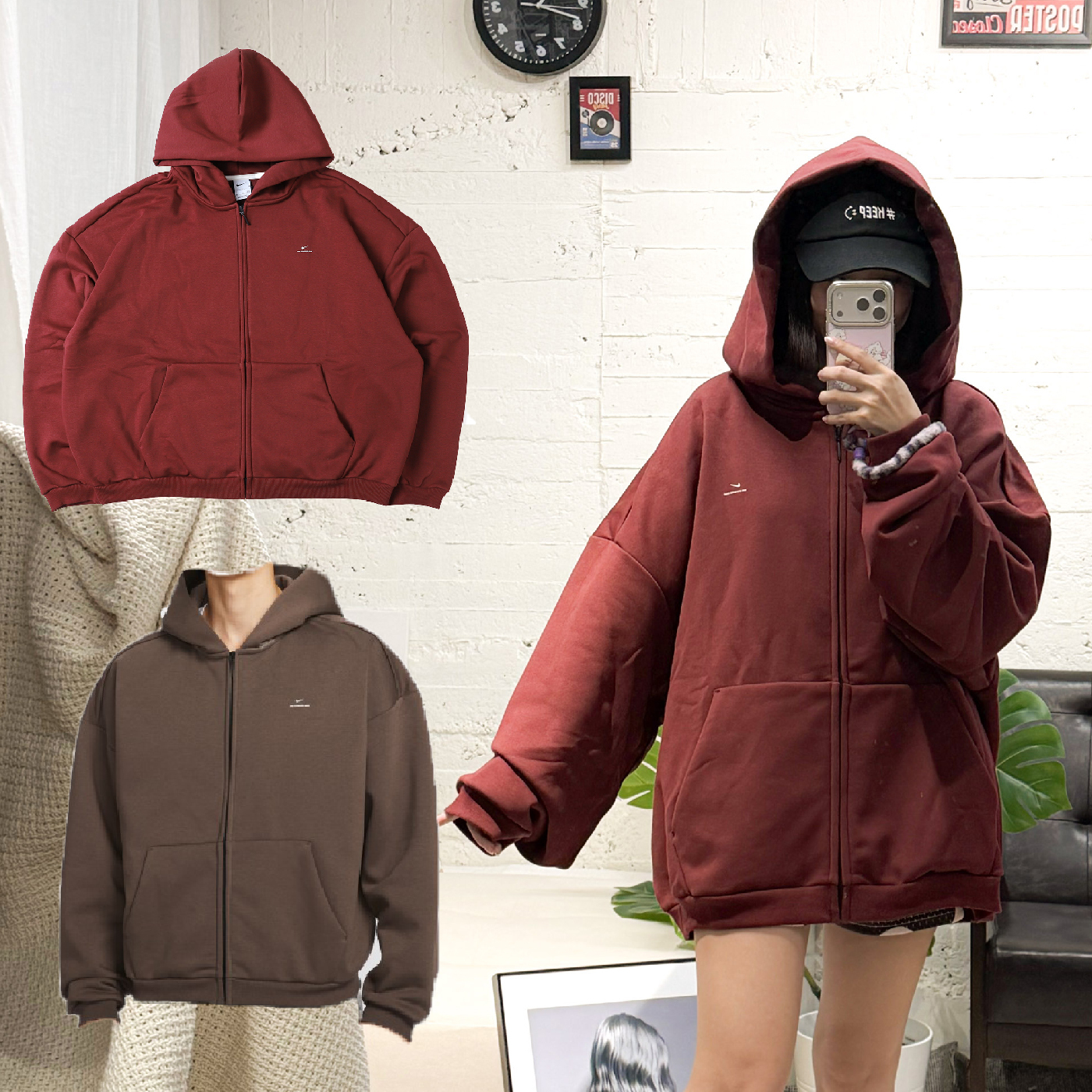 男款 NIKE THERMA-FIT JACKET 咖啡色 酒紅色 小標 印花 內刷毛 寬鬆 休閒 運動 長袖 連帽 外套【IO3690】NKTF