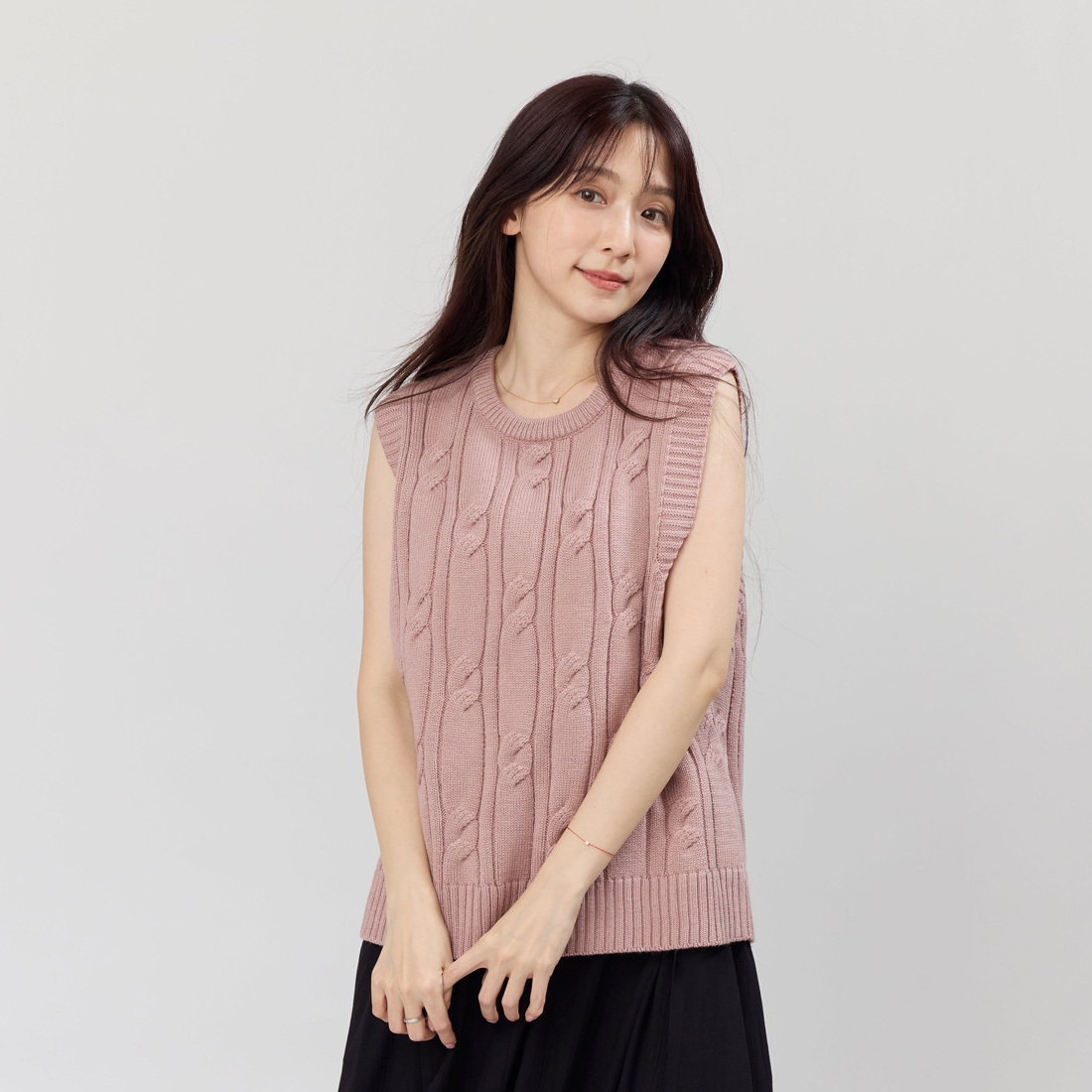 Joyce圓領麻花針織背心/玫粉