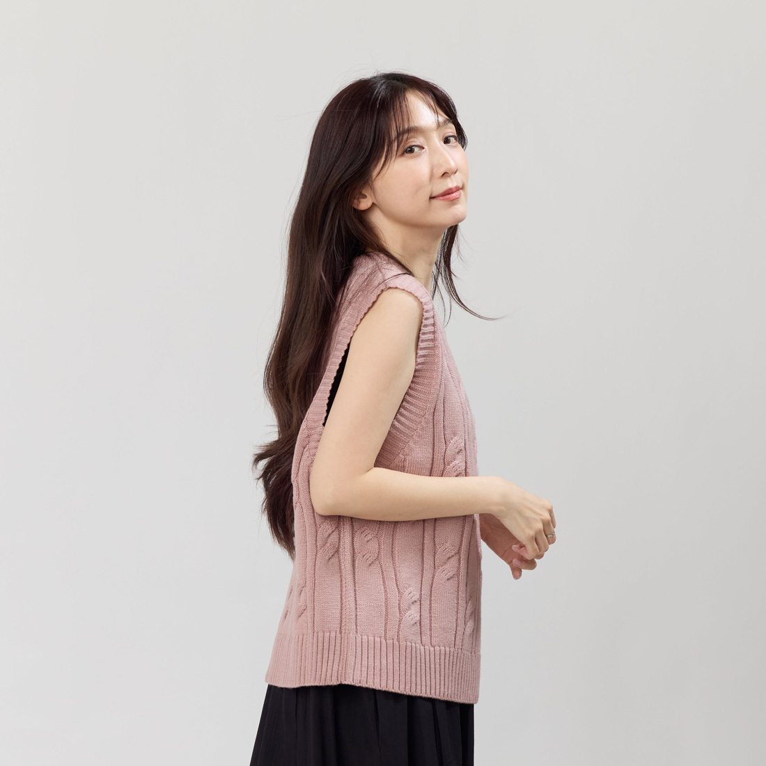 Joyce圓領麻花針織背心/玫粉