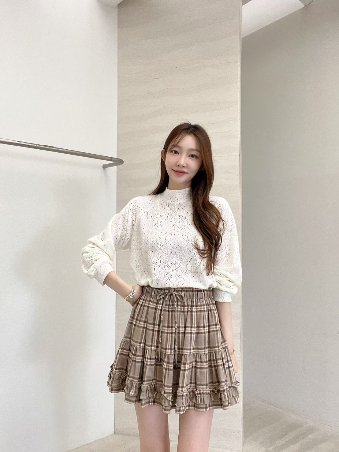 綁帶格子滾荷葉裙