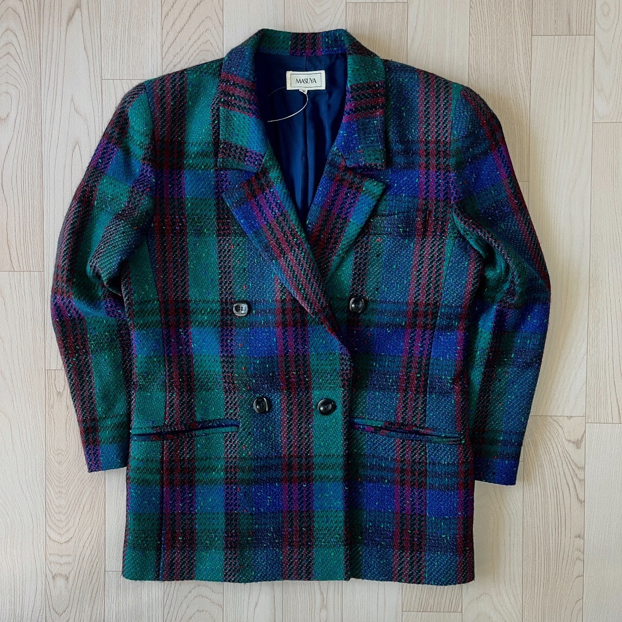 藍綠色格紋孖襟羊毛外套