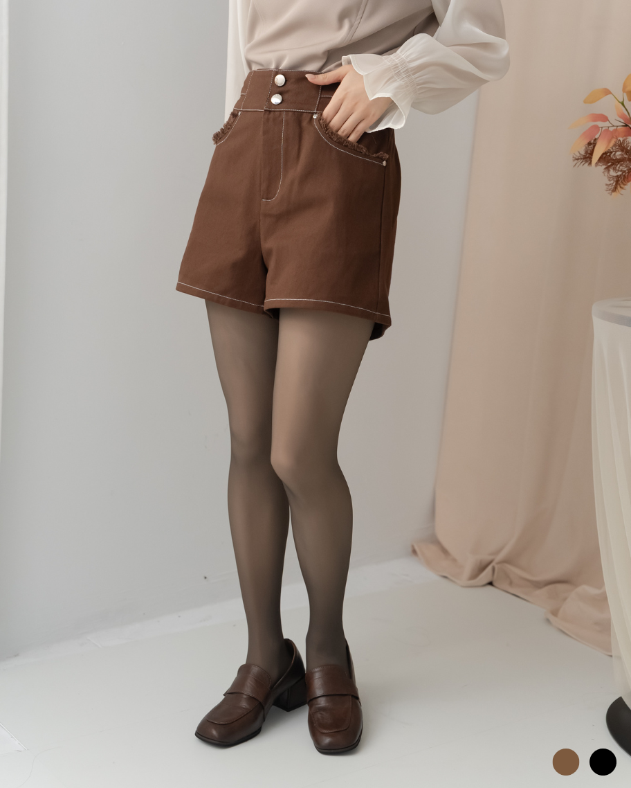 高腰重磅水洗口袋抽鬚短褲