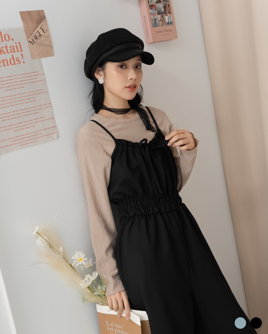 簡約休閒抽繩吊帶連身褲