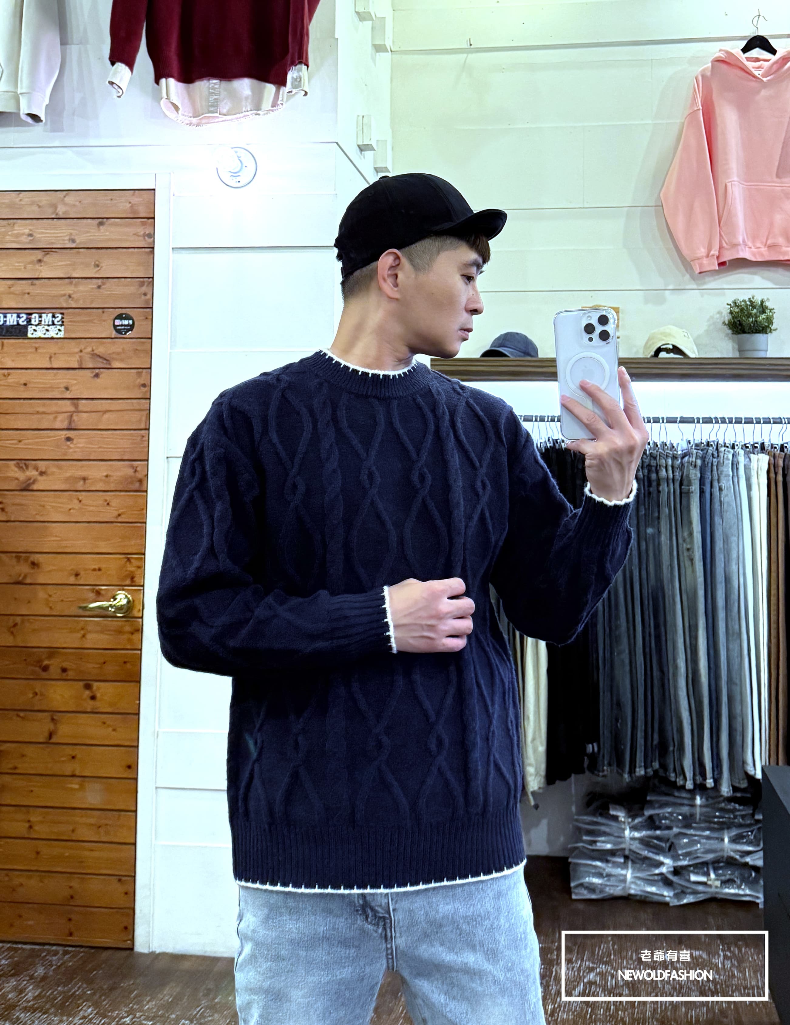 『新款上市』重磅撞色滾邊麻花針織毛衣(NOF25109807)-深藍