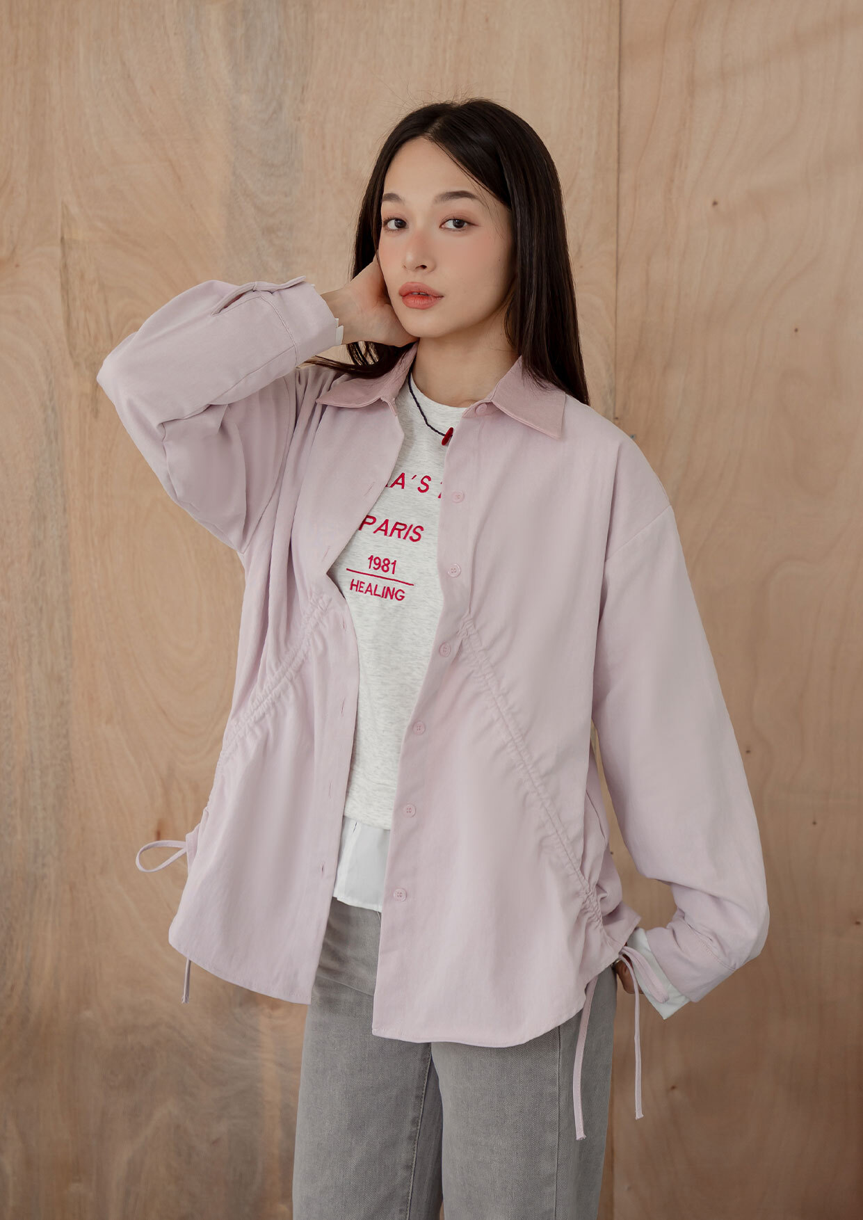 造型抽繩撞色襯衫外套