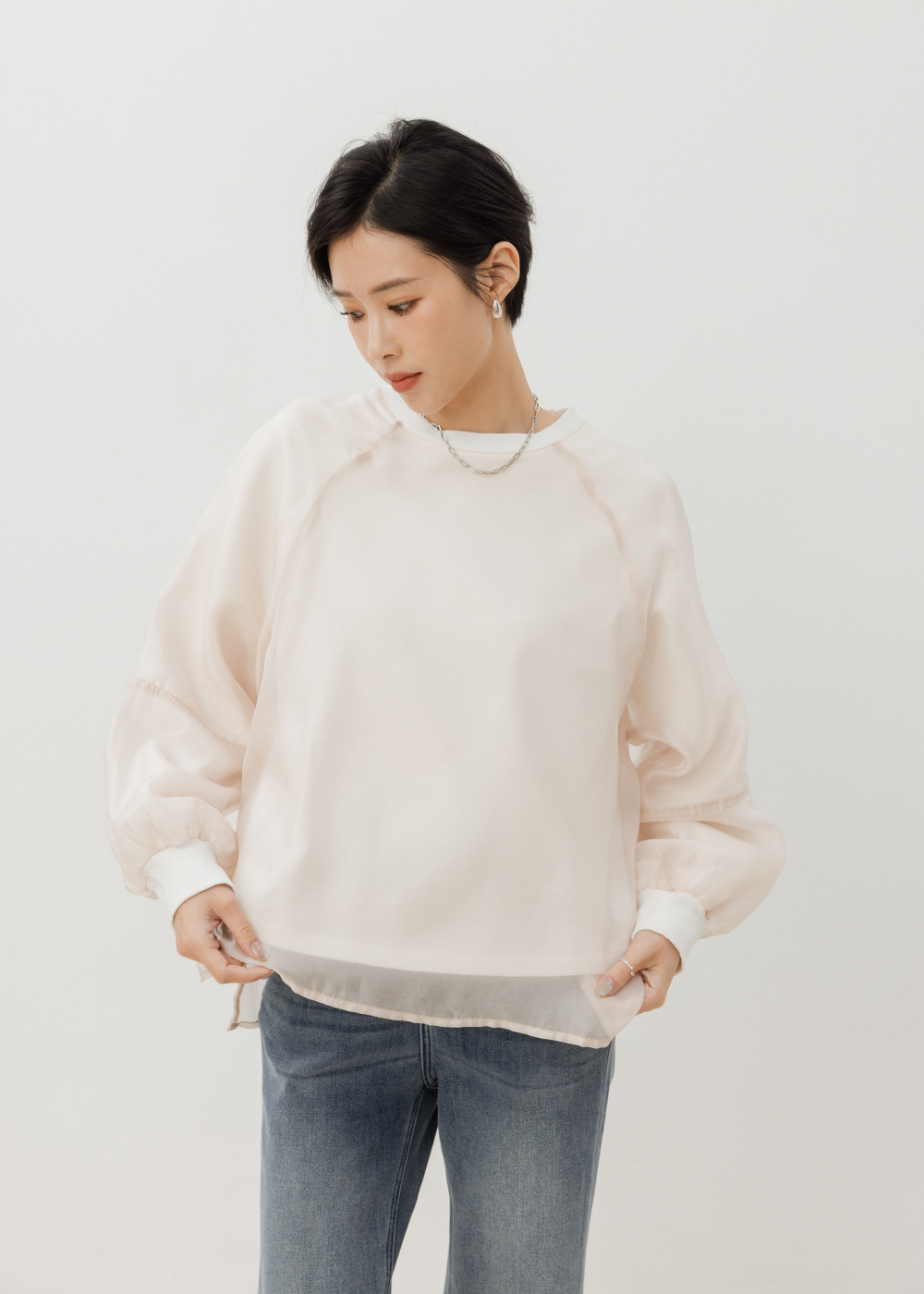 歐根紗層次澎袖上衣