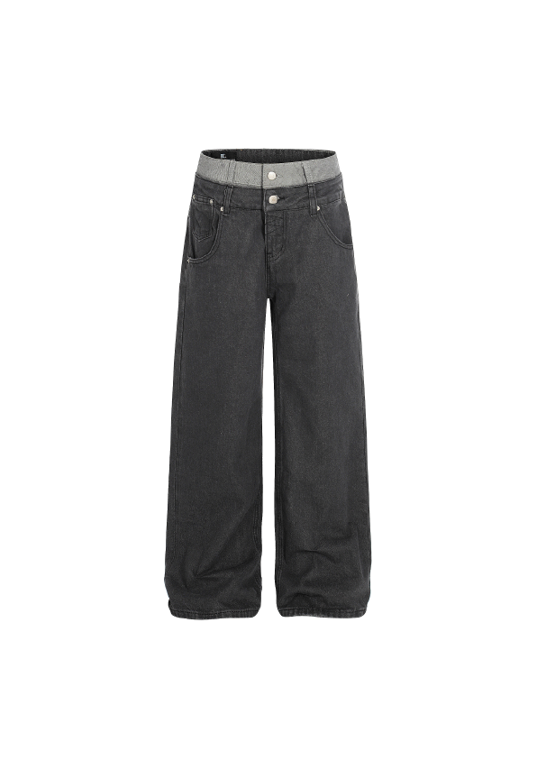 - SIMPLEACTION - 美式復古雙腰拼接設計感牛仔褲