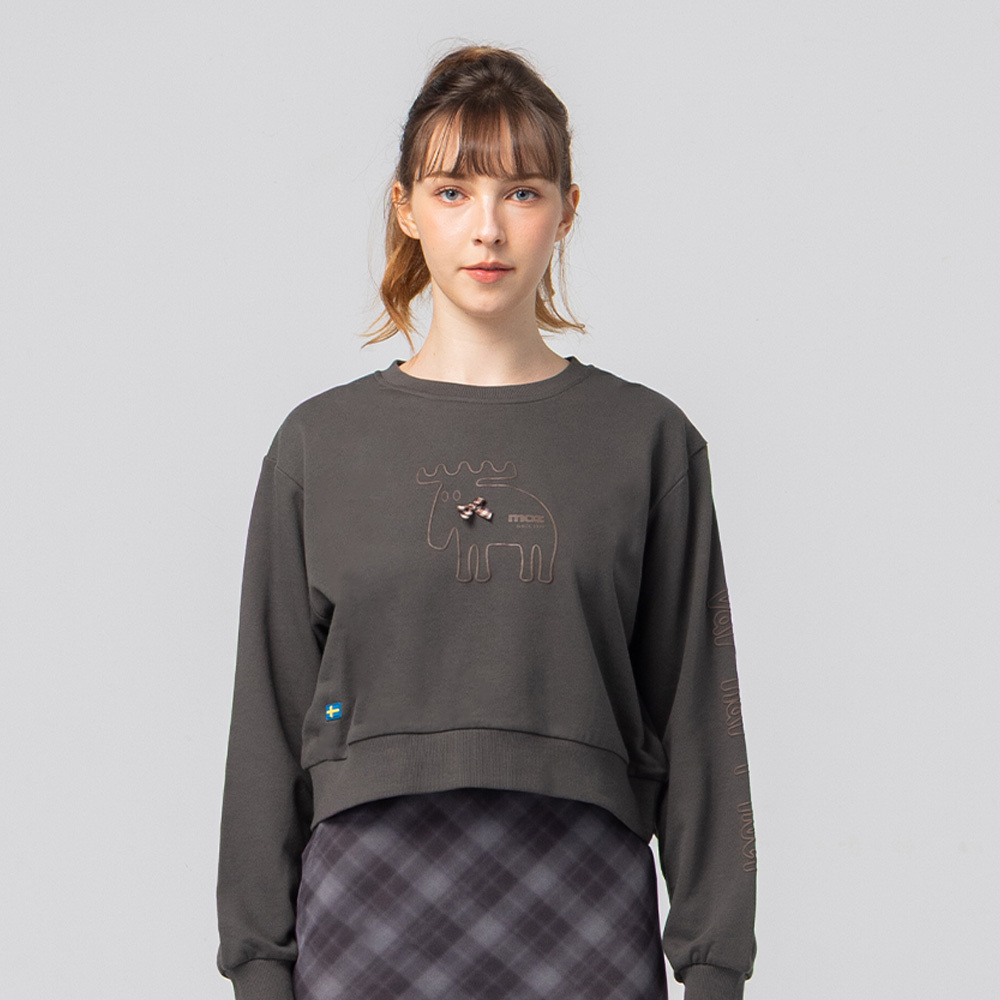 立體發泡 領結駝鹿 100%純棉 大學T-灰綠(亞洲版) 短版