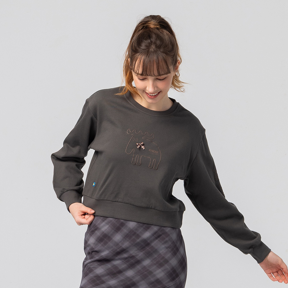 立體發泡 領結駝鹿 100%純棉 大學T-灰綠(亞洲版) 短版