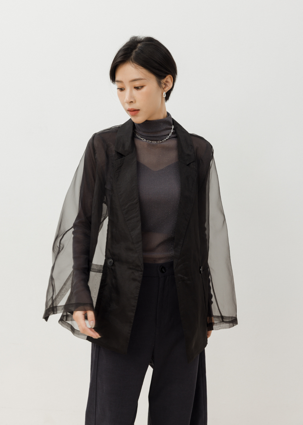飛袖設計透膚西裝外套