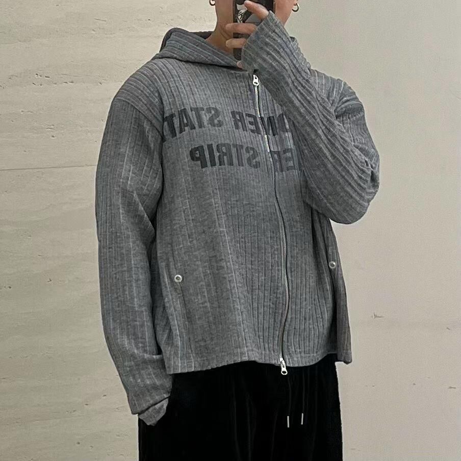 仿污英文字連帽拉鍊針織外套 JK2696