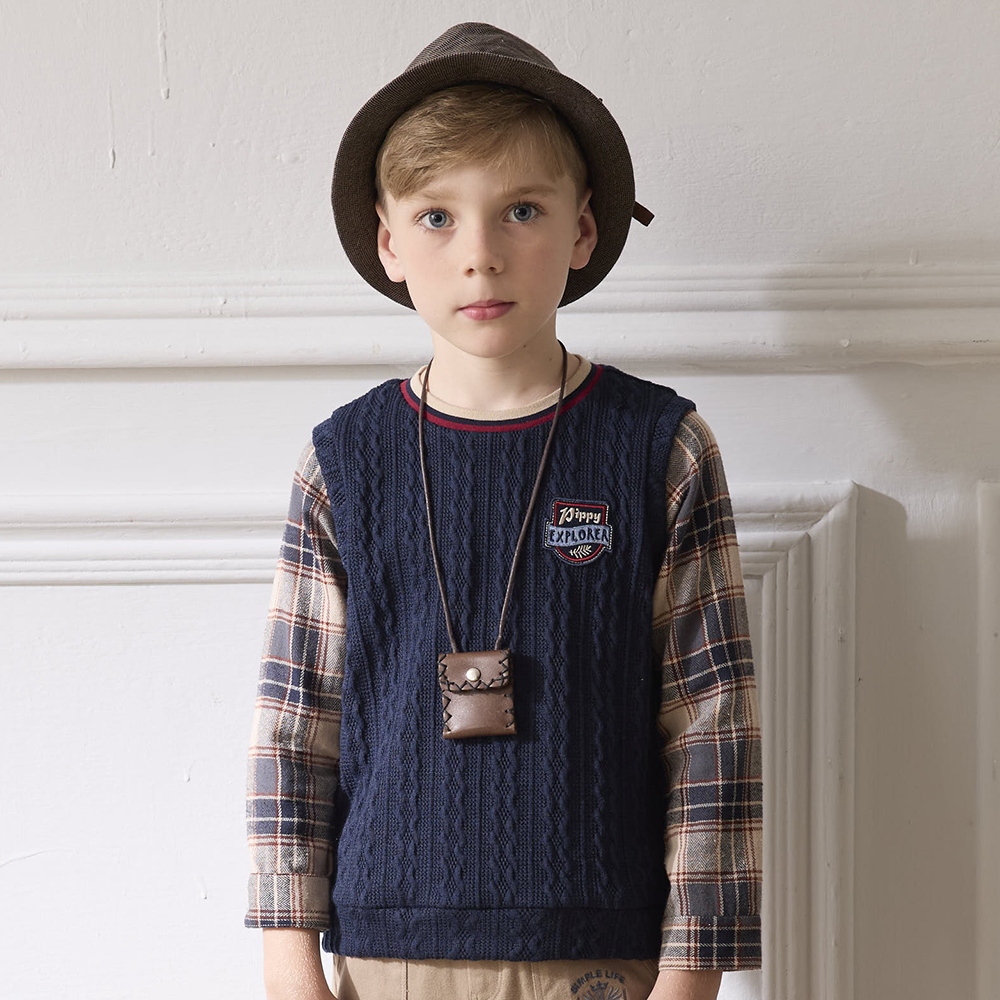 PIPPY經典格紋圓領甲兩件Logo刺繡上衣 藍