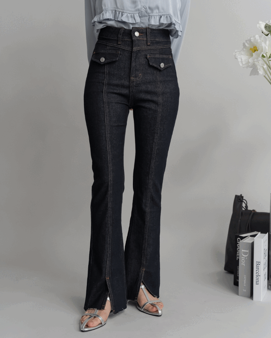 復古袋蓋設計前開衩喇叭褲