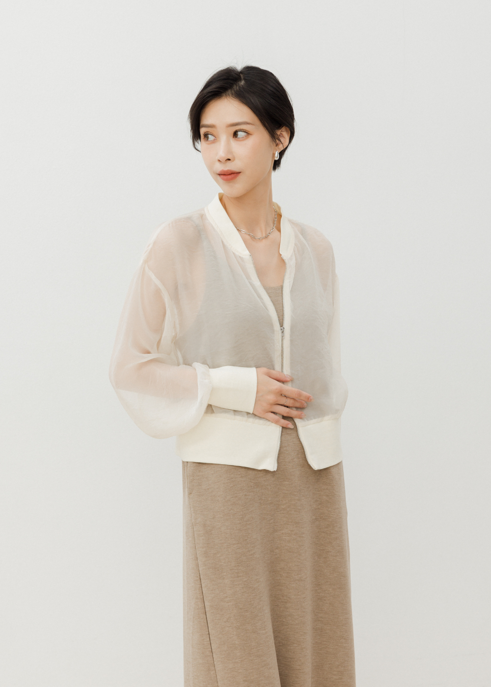 短版透膚雙拉鍊外套