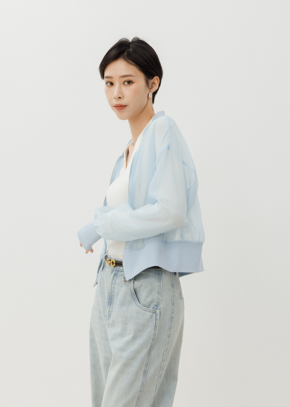 短版透膚雙拉鍊外套