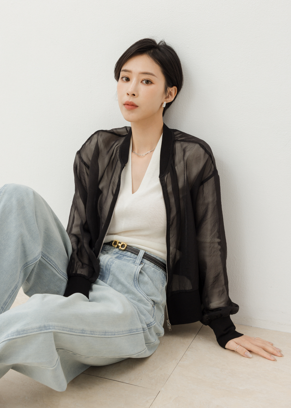 短版透膚雙拉鍊外套