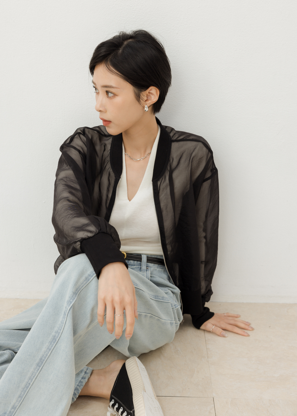 短版透膚雙拉鍊外套