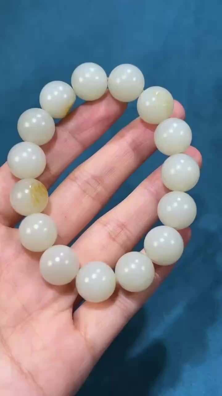 和田白玉籽料圓珠手串 (14mm直徑),天然和田玉軟玉